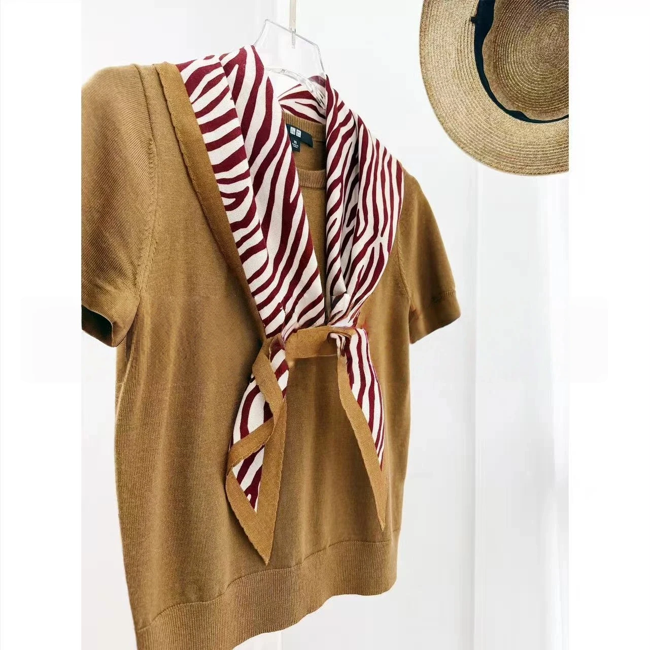 Women 100% Wool Burgundy Zebra Print Triangle Scarf Animal Stripe Bandana with Brown Border Soft Neck & Head Scarf Shawl