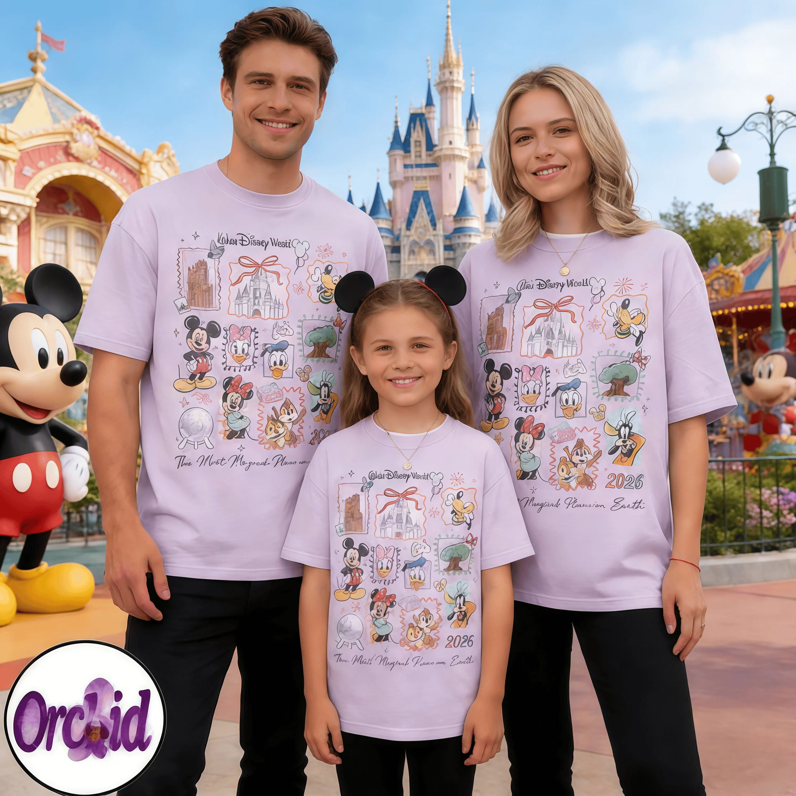 

Летние футболки из хлопка высокого качества с принтом «Замок Диснейленд» и «Микки и друзья» для всей семьи (взрослые и детские), унисекс, 2026 год