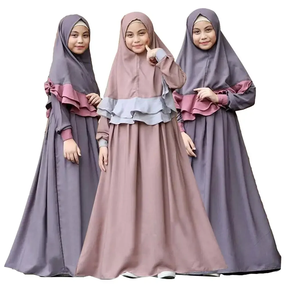 

Two Piece Set Muslim Girls Dress Long Hijab Abaya Islamic Kaftan Clothing Arab Prayer Maxi Dress Burqa Khimar Robe Gown