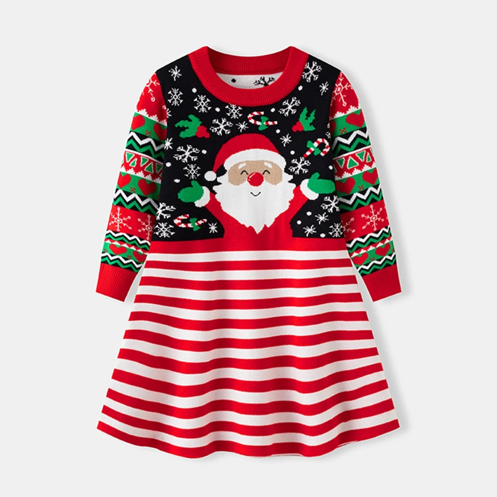 

Autumn Kids Baby Girls Dress Long Sleeves Christmas Day Baby Girls Dress Fashion Cartoon Knitted Round Neck Toddler Girls Dress