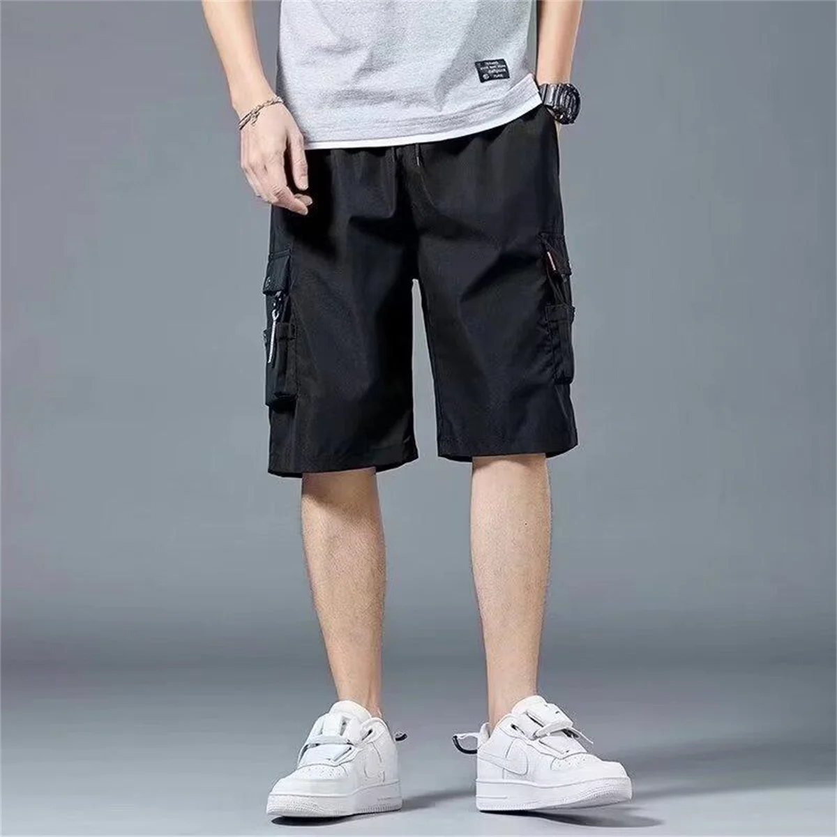 Black Hip Hop Cargo Shorts for Men's Summer Wide Leg Casual Shorts Korean Gray Green Pants Loose Japan High Waist Pants Men