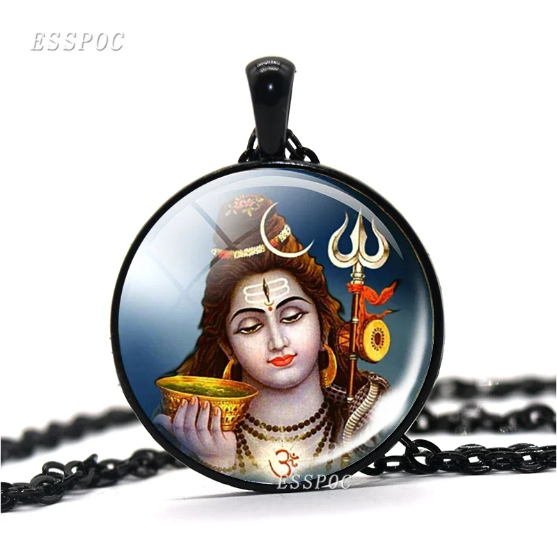 Shiva Statue Glass Dome Pendant Necklace Krishna and Radha Black Chain Necklaces Fashion Yoga Religious Jewelry for Men Women