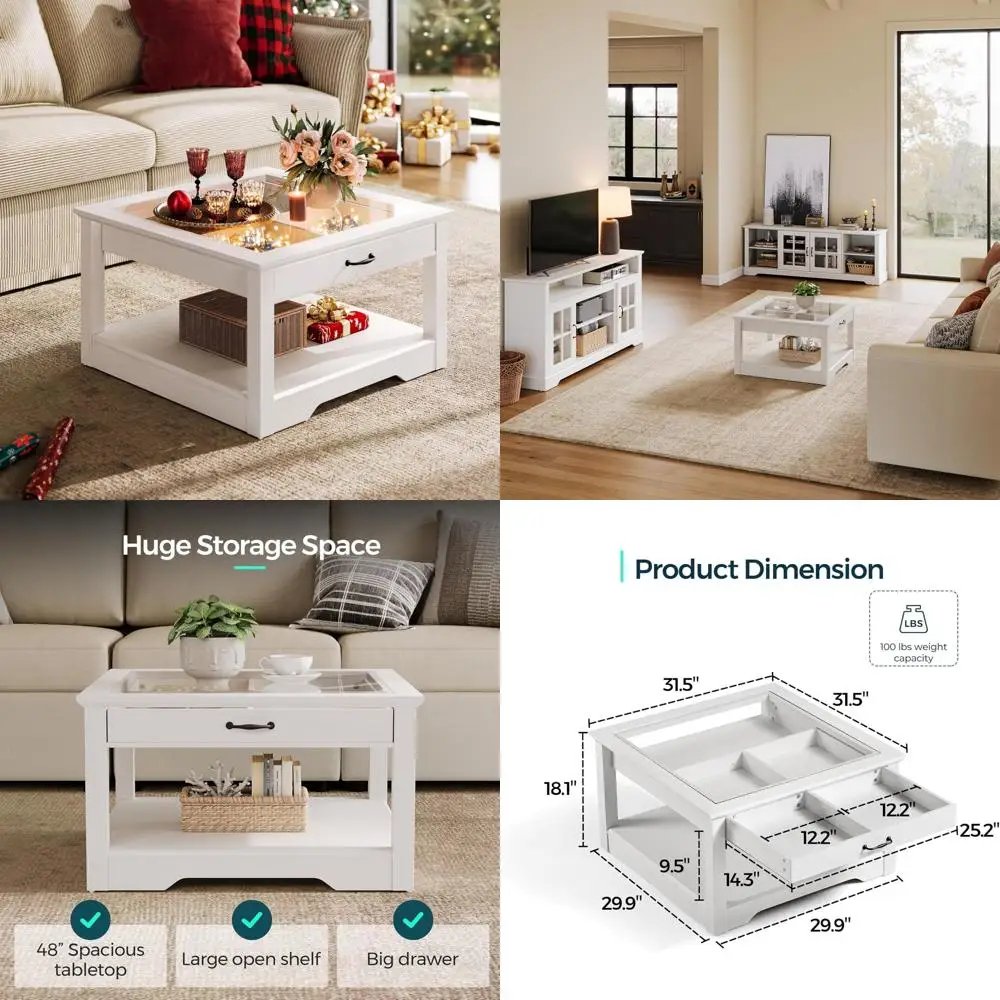 

Квадратный журнальный столик со стеклянной столешницей, полкой для витрины и ящиком для хранения вещей, современный стиль фермерского дома