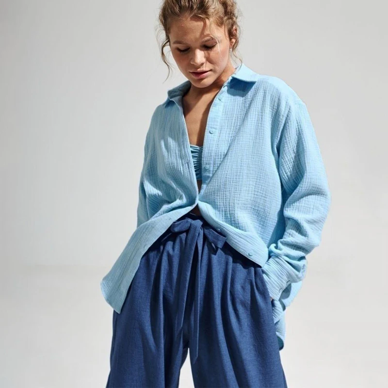 100% 순면 린넨 루즈 블라우스 여성용 긴팔 턴다운 티셔츠 싱글 버튼 오피스룩 가을 캐주얼 셔츠 베이직 탑