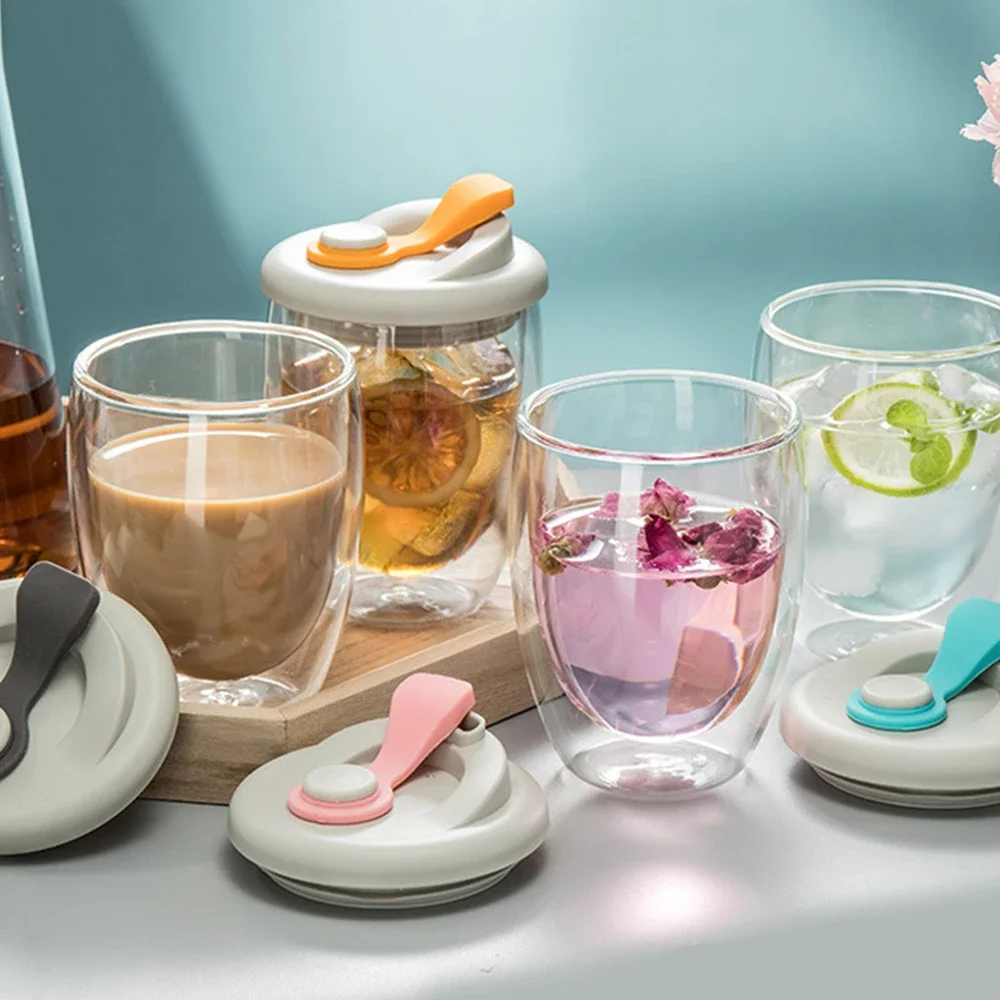 Doppelschichtiger isolierter Glasbecher mit Deckel, einfacher und hitzebeständiger, einfach zu verwendender Becher, gerade Trinkmundbecher, Glasdeckel, neu