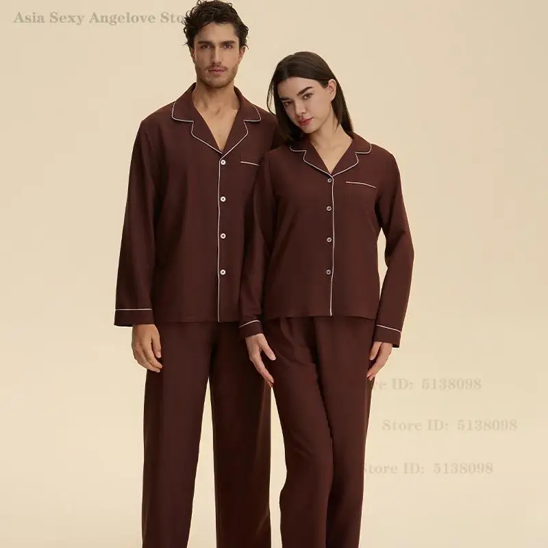 

New Couple Pajamas Set Loungewear Sexy Long Sleeve Top&Trouser Pijamas Suit Spring Summer Silky Satin Sleepwear Casual Home Wear