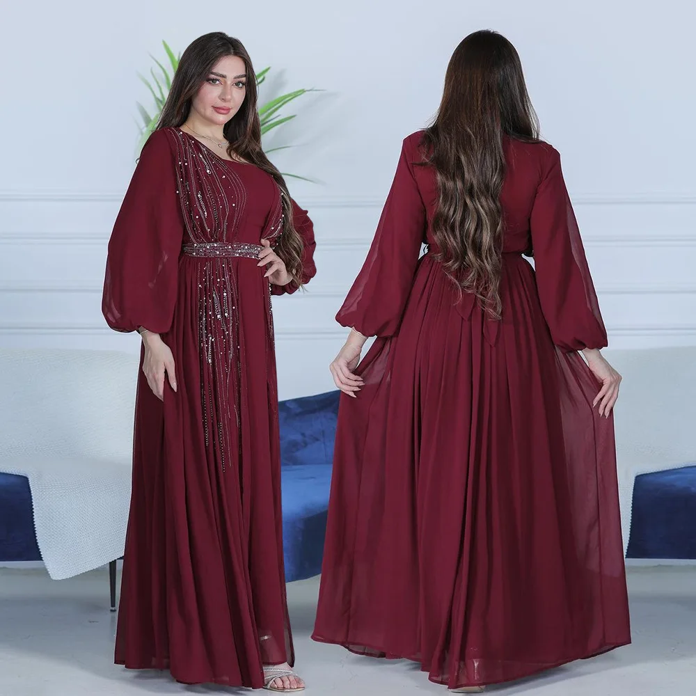 

Xqy500364 Lady Clothes Embellished Long Gown With Belt And Full Skirt For Evening Party Abaya Ramadan Dubai Luxury Islam Elegant