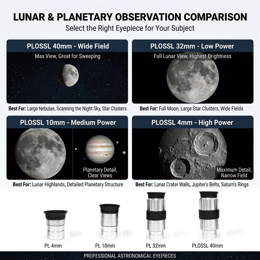 4-teiliges Plossl-Okular-Set, 1,25 Zoll Teleskopobjektiv, 40 mm, 32 mm, 10 mm, 4 mm, HD-Astronomie-Okular-Set für Planeten- und Tiefenhimmelbeobachtung – Detail 4