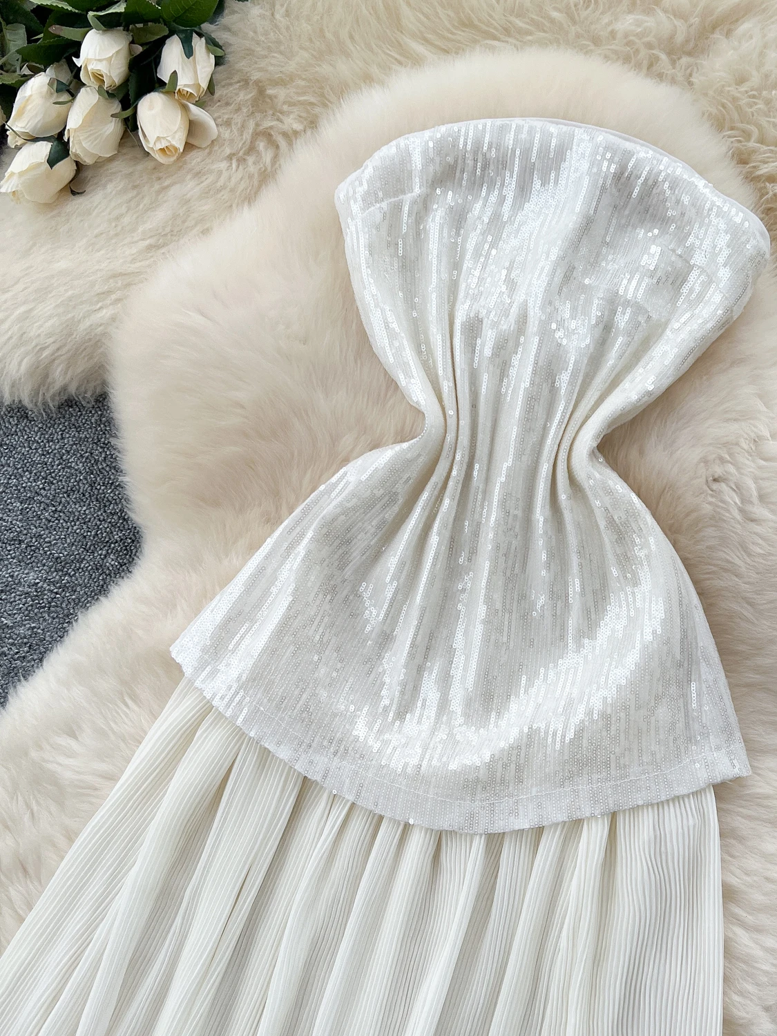 Ele High-End Pailletten Splice Me Dr Damen Taille-Cinching Abnehmen Svel Bustier Kleid Koreanische Sle A-Linie Rock