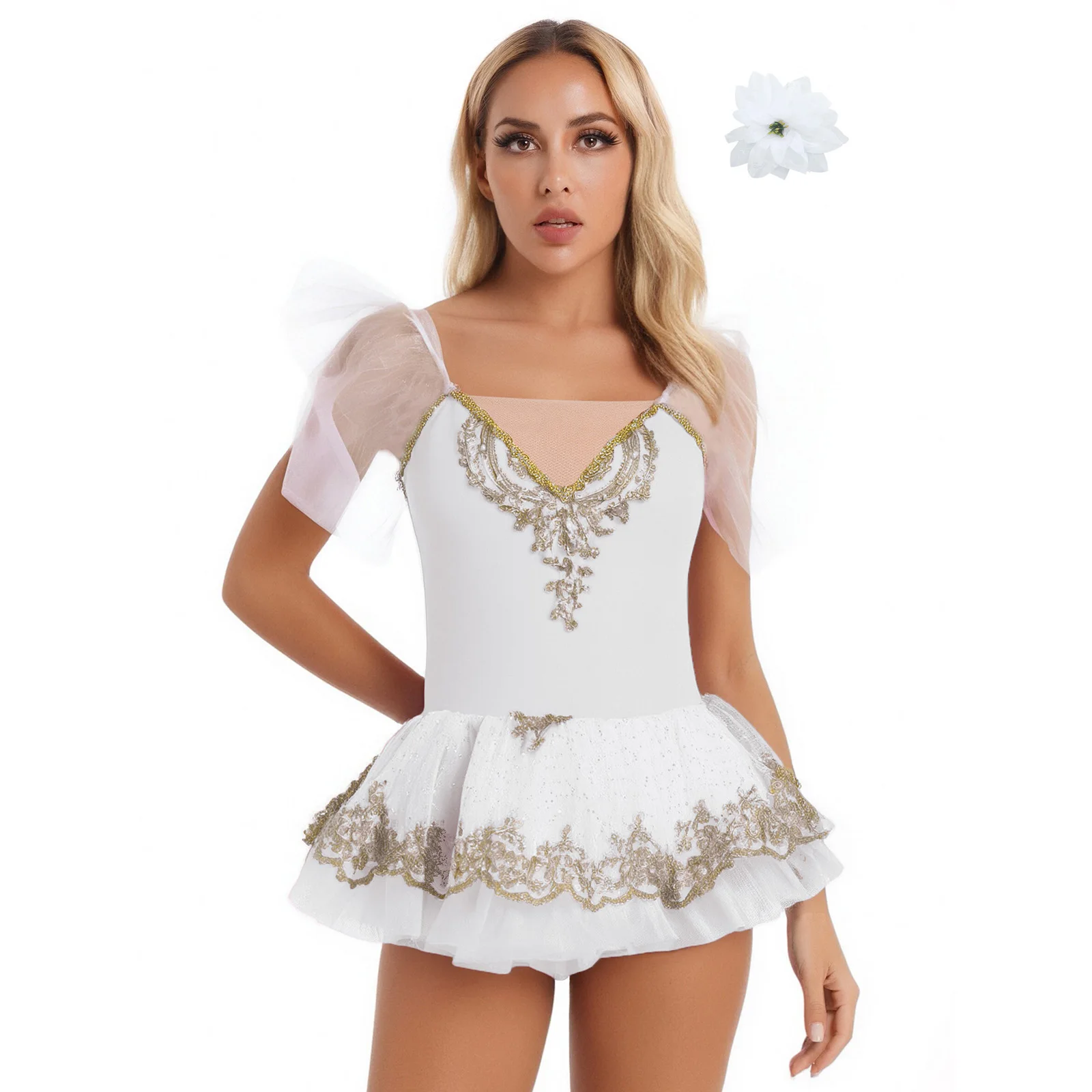 

Women Swan Lake Tutu Dress Ballet Performance Costume Gold Embroidery Ruffled Tiered Tulle Pancake Dress with Flower Hair Clip