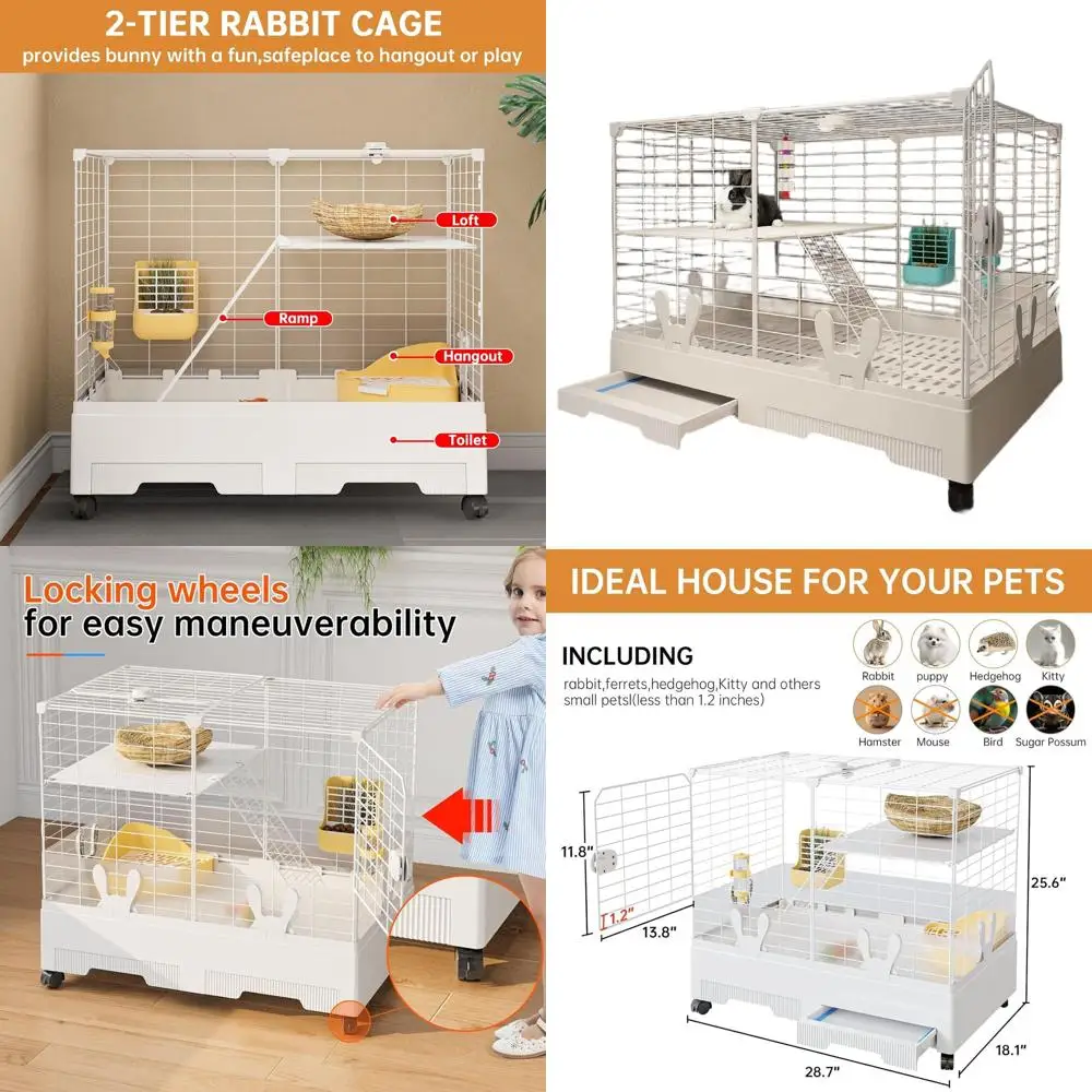 

Indoor Rabbit Hutch with Urine-Proof Walls, Leak-Proof Trays, and Running Wheel for Small Animals