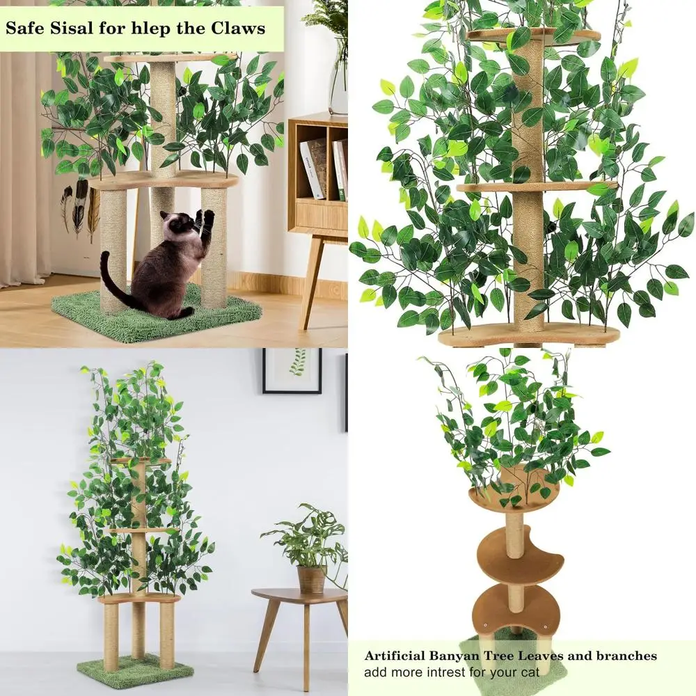 

Indoor Green Cat Tower with Leaves, Climbing and Hiding Spaces, Scratching Post Included