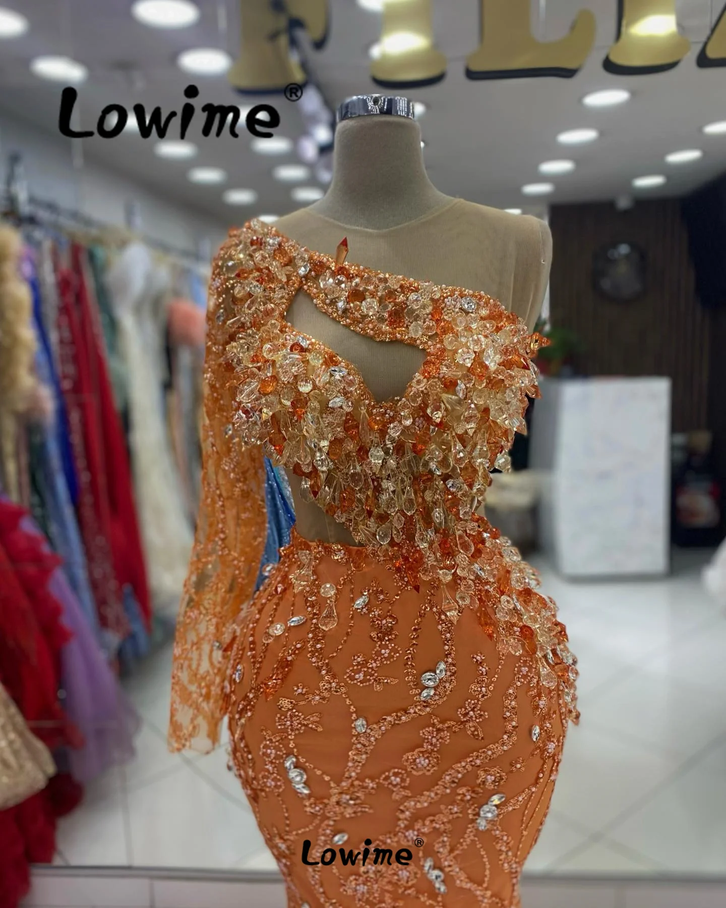 Arabic Party Dress One Shoulder Full Crystals Orange Evening Gowns 2024 Mermaid Second Reception Wedding Engagement Dresses Robe