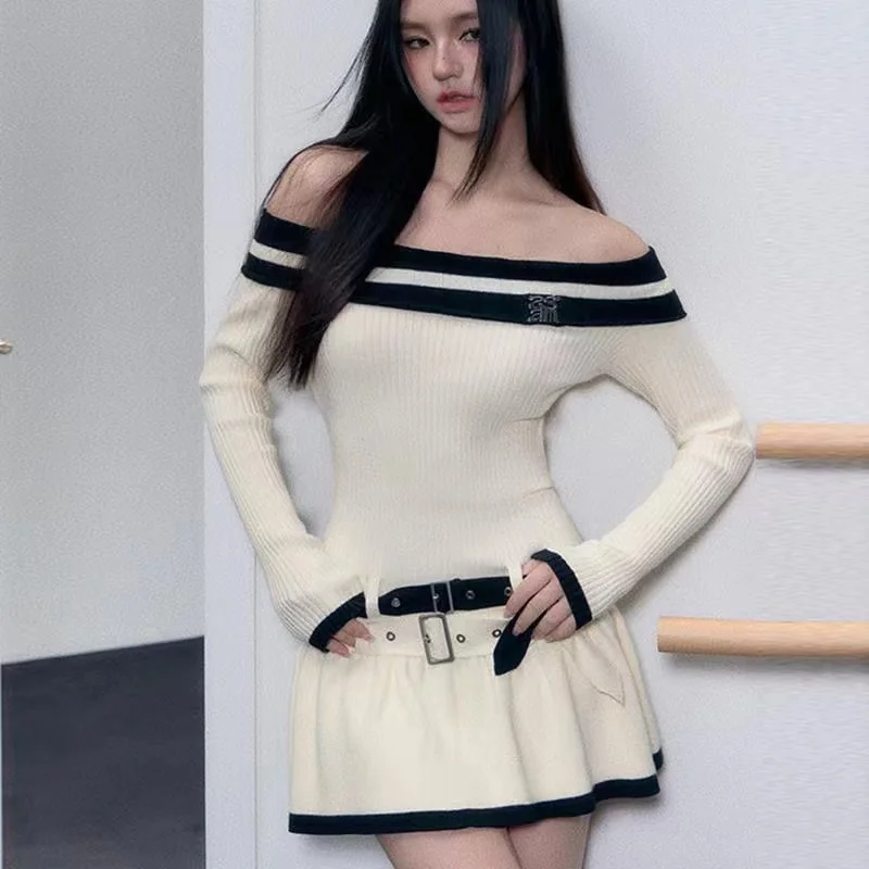 2023 Sexy Slim Off-the-shoulder Mini Knit Dress Women Korea Autumn Winter Patchwork Sweet Pink  Bag Buttock Short Dress Female