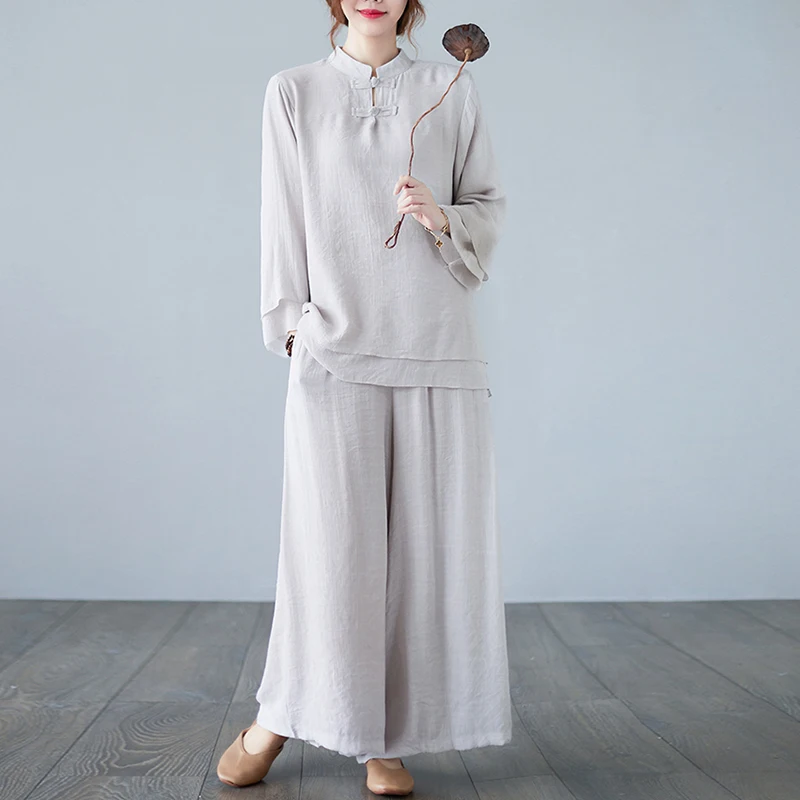 세련된 이중 레이어 롱 스커트와 A라인 와이드 레그 팬츠 세트, 신축성 있는 허리, 스탠드 칼라, 버튼업, 단색...