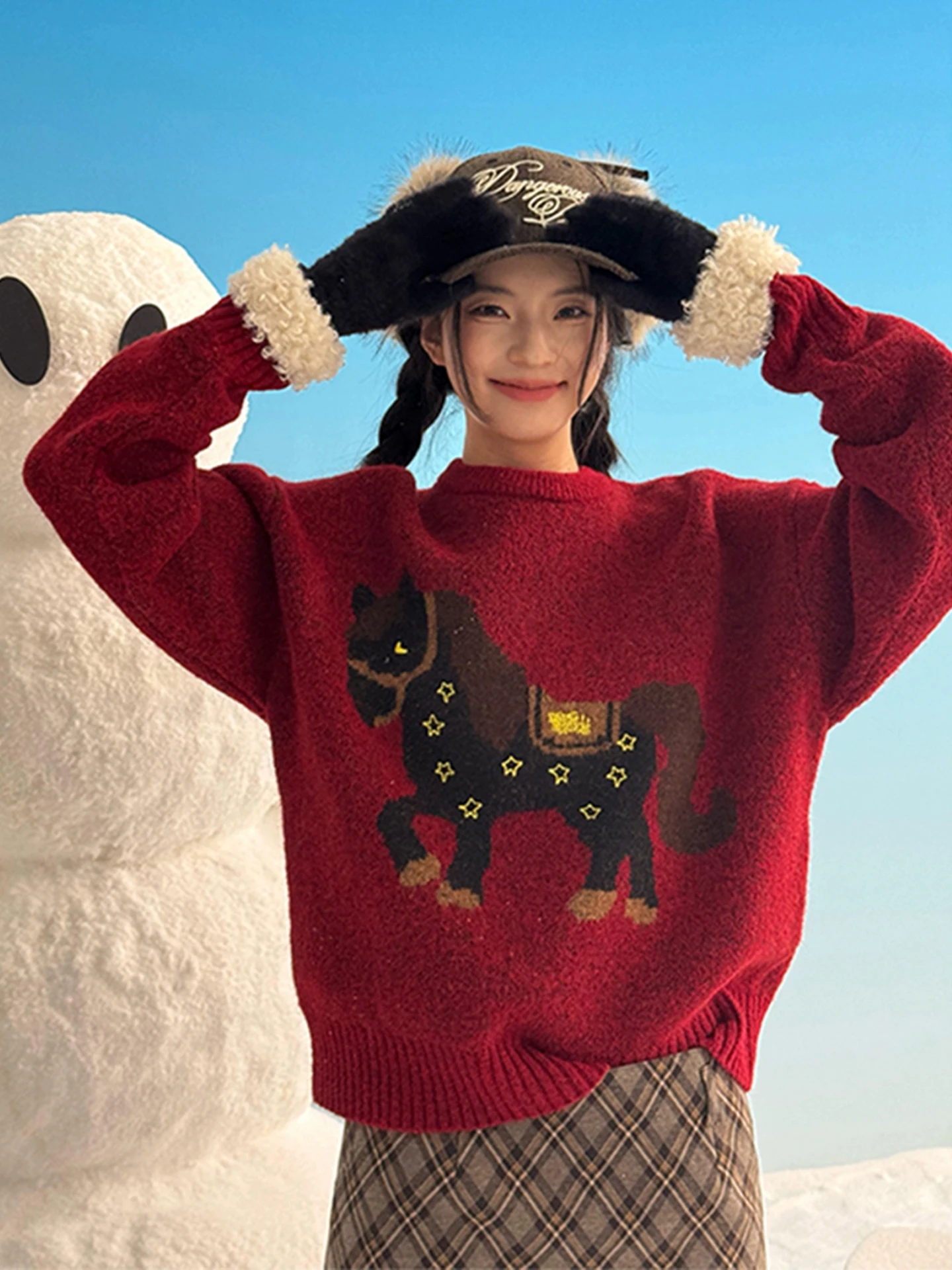 

Красный круглый вязаный свитер для мужчин, парный комплект для Нового года и Рождества, теплый зимний, из полиэфирного волокна, повседневный стиль