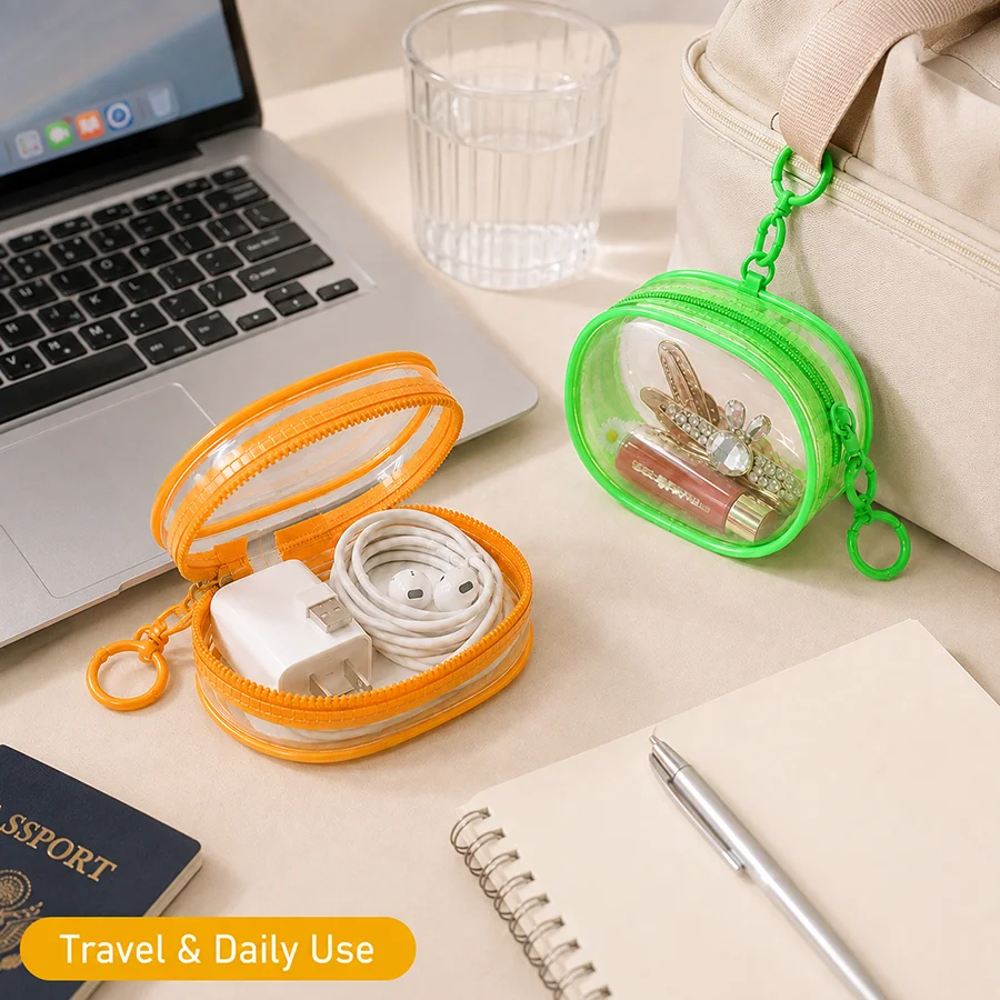 2 Pack Mini Clear Zipper Pouches with Keychain Clip, Transparent PVC Storage Cases for Earbuds, Chargers, Keys, Travel