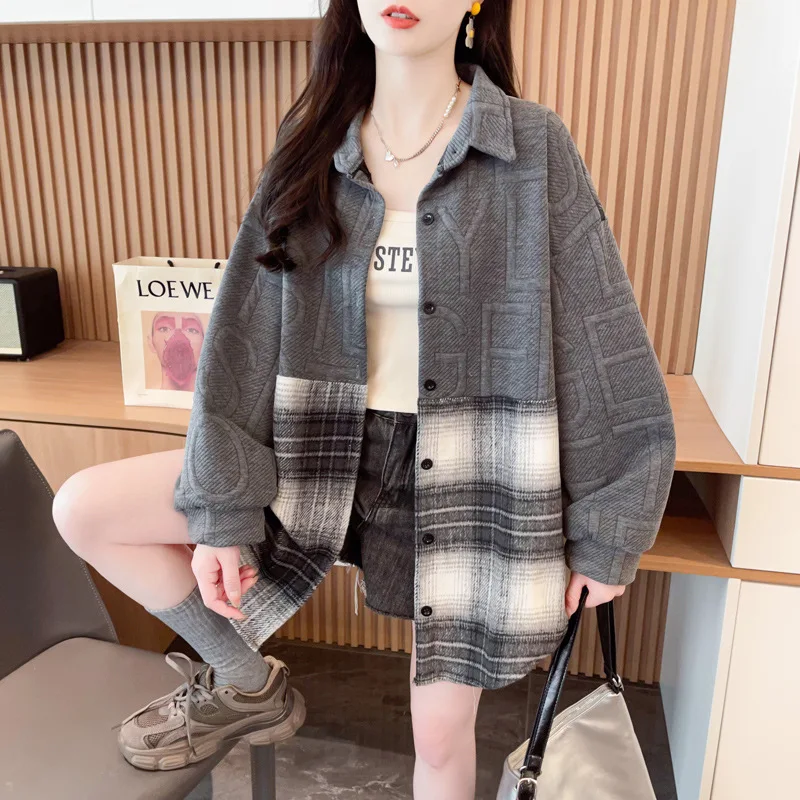 Splicing Shirt Jacket for Women in Spring and Autumn New Korean Style Loose Mid Length Cardigan Retro Casual and Stylish Versa