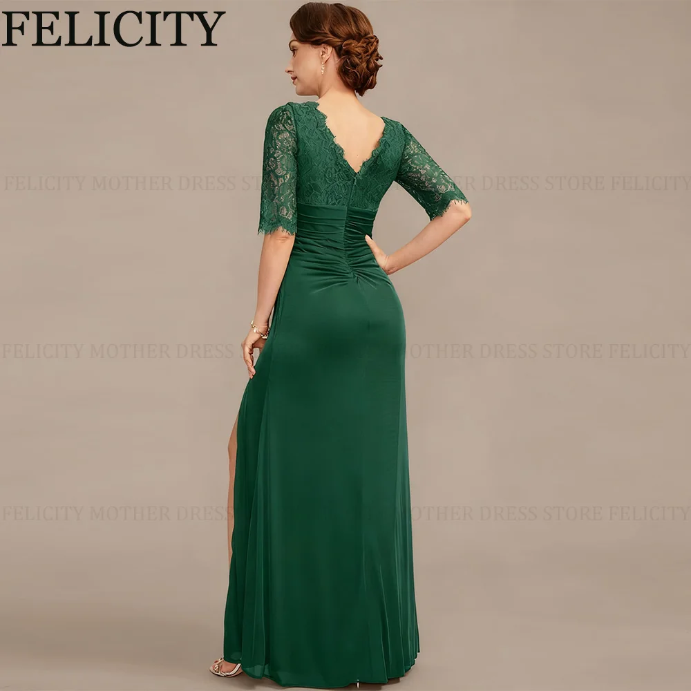 FELICITY Customized Green Mother of the Bride Dress Mermaid V-neck Wedding Guest Dress Lace Pleated Side Slit Long Evening Gowns