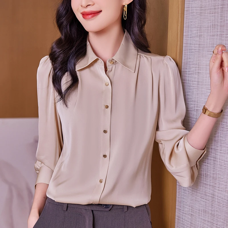 

Elegant Fashion Shirts And Blouses For Women Turn-down Collar Long Sleeve Women's Solid Shirt Office Lady Real Silk Blouse Tops