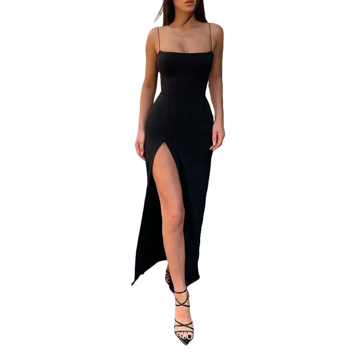 EAUCE-Robe longue fendue sur les cuisses pour femmes, robe crayon, dos nu, bretelles spaghetti, vêtements découpés, Maxi noir, mode sexy