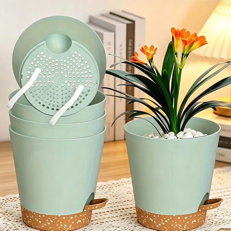 Maceta con Riego Automático, con Bandeja Extraíble, Blanca, Verde, Apta para Suculentas, Clivia, Plantas Araña, Margaritas, Helechos Aspargeros, Cactus, Pothos