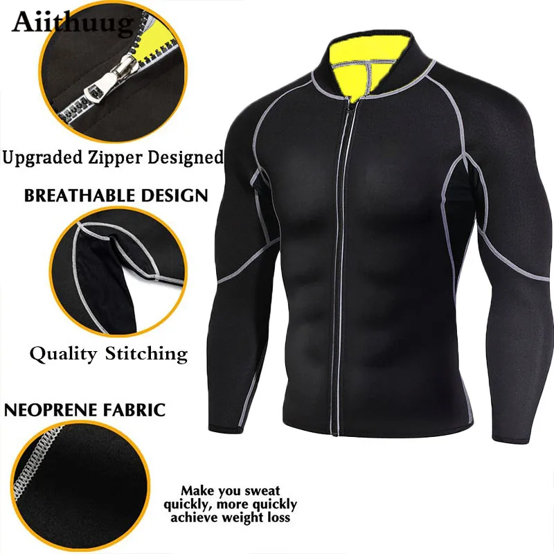 Aiithuug Sweat Neoprene Sauna Suit for Men Weight Loss Workout Shirt Body Shaper Fitness Jacket Gym Top Shapewear Long Sleeve