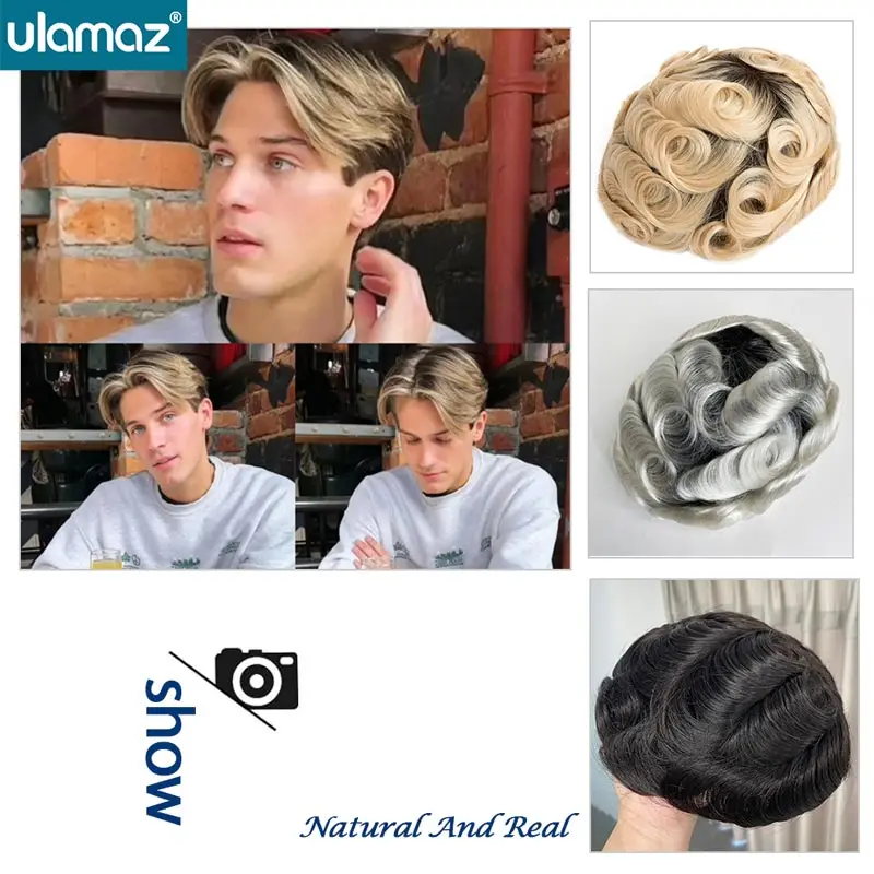 

Thin Skin Male Hair Prosthesis 0.08mm PU Knotted Toupee Human Hair Men's Wig Ombre & 1B Color Natural Hair System Wigs For Men