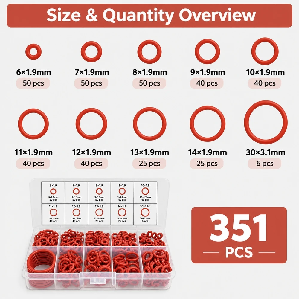 351Pcs Molded Silicone O-Ring Set High Temp Oil Resistant Wear Proof Seals for Automotive Pipe Maintenance