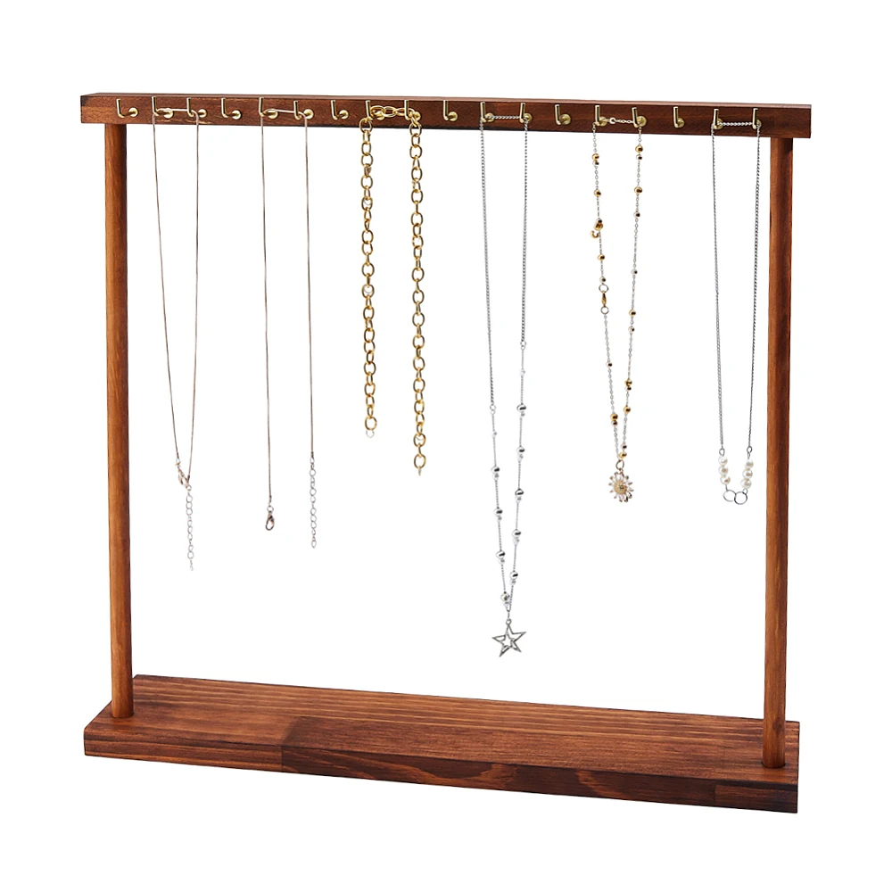 1Pc Necklace Display Stands 18 Hooks Wood Necklace Organizer Holder 2.9x15.7x15.7 Inch Jewelry Hanger Shelf Coconut Brown Chain