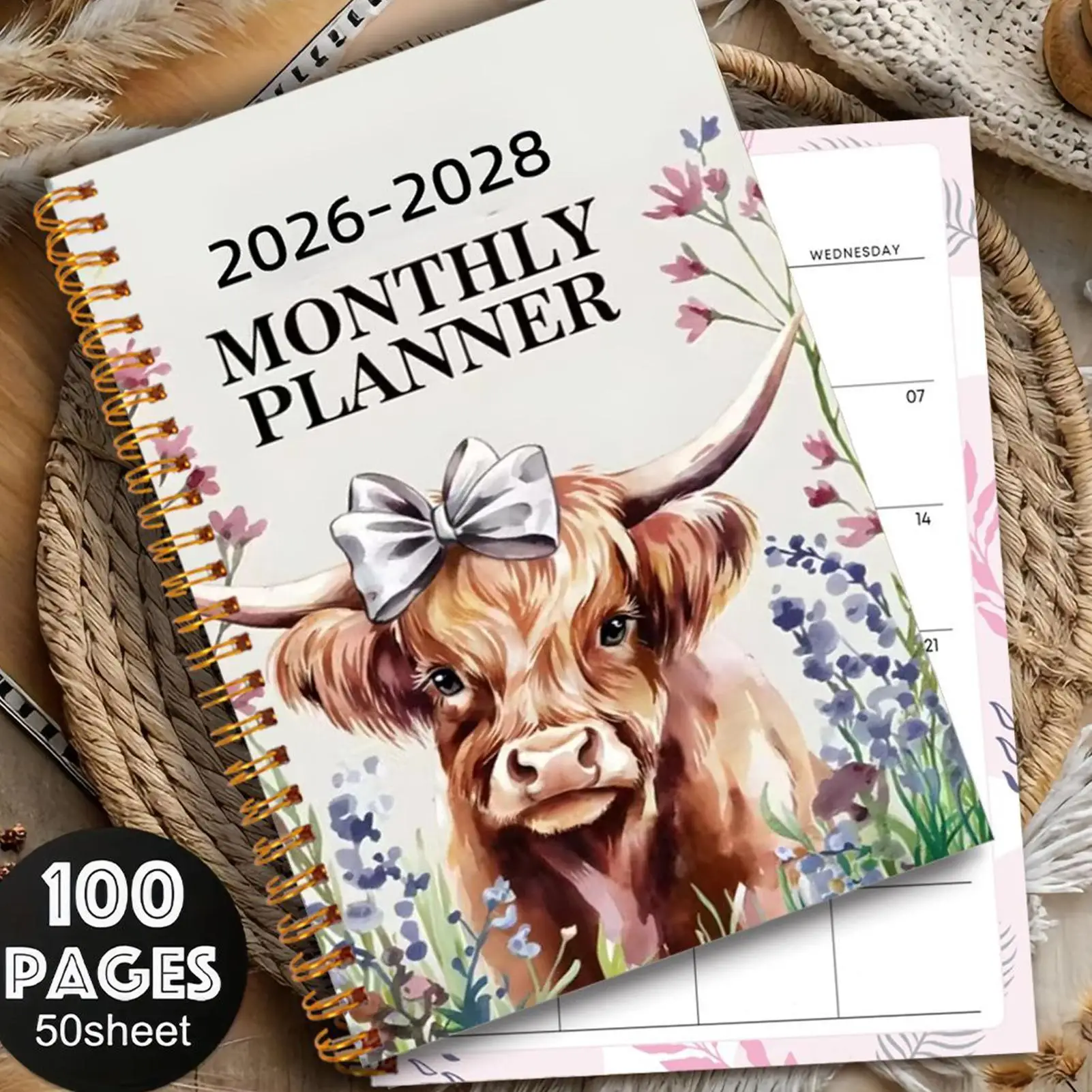 3-Year Planner 2026-2028 50 Pages Spiral Binding Appointment Notepad Cattle Pattern Monthly Planner Notebook for Kids Writing