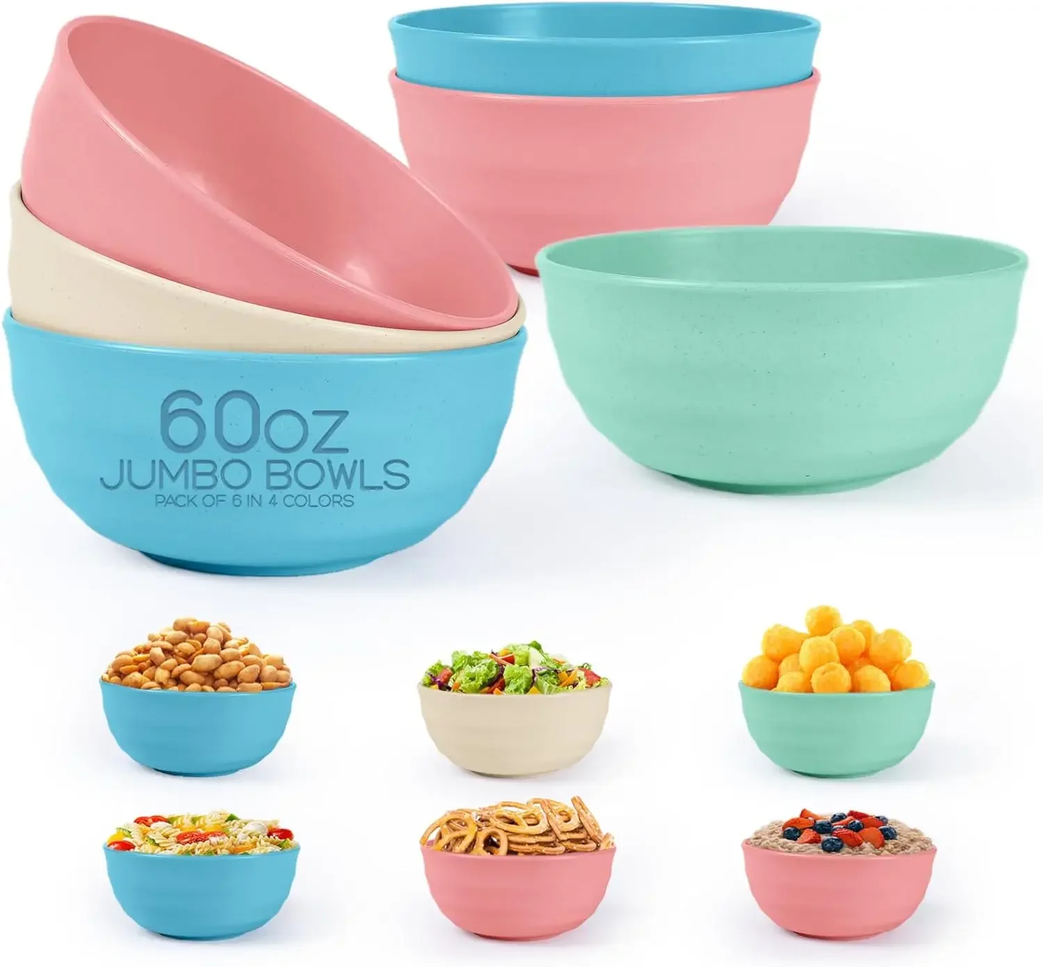 

6 Extra Large Plastic Bowls 60 Ounces Unbreakable, Lightweight Large Cereal Bowls - Dishwasher, Microwave safe Bowls for Kitchen