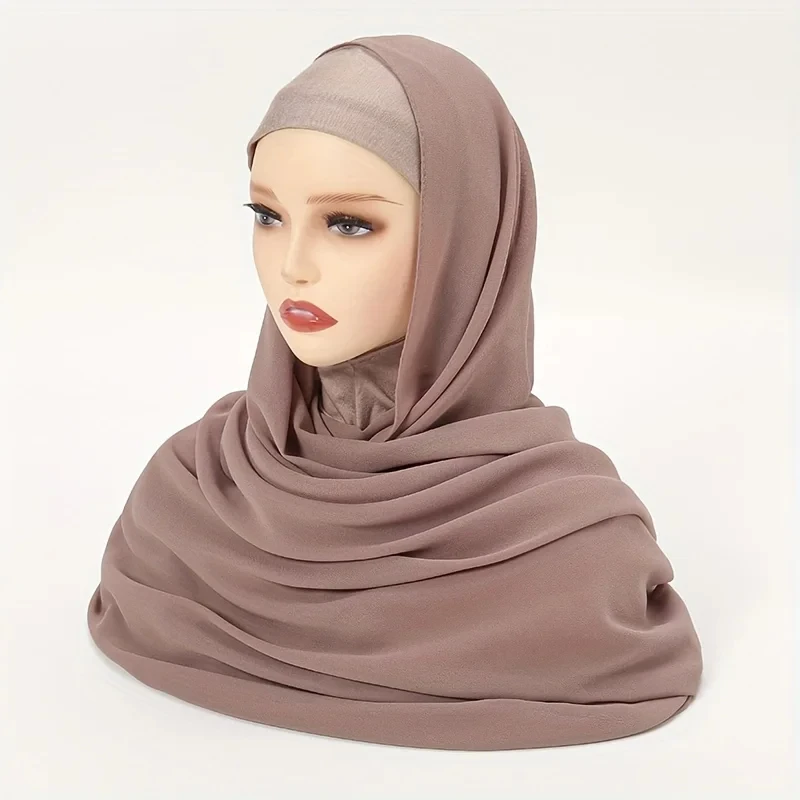 Hijab musulmán de gasa para mujer, pañuelo de 2 piezas, de Color sólido, a la moda, chal largo de Ramadán, para la cabeza turbante, envoltura