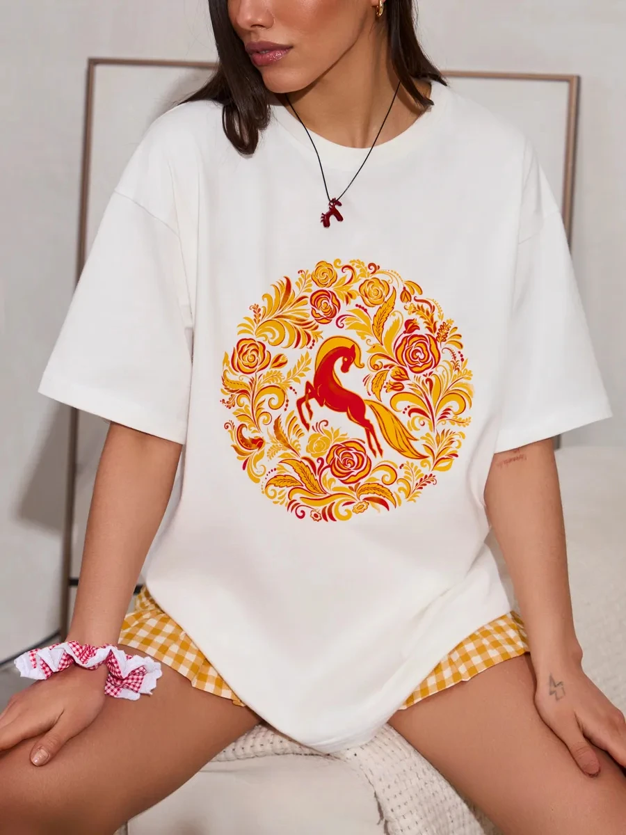 Summer Women's 100% Cotton Oversized Short Sleeve T‑Shirt Retro Folk Style Horse Floral Circle Print Casual Loose Fashion Top