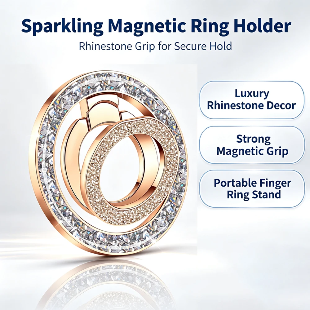 Bling Crystal Inlay Dual Ring Magnetic Phone Stand Foldable Anti-slip Hand Holder Fashion Decor For iPhone Android Phone Cases