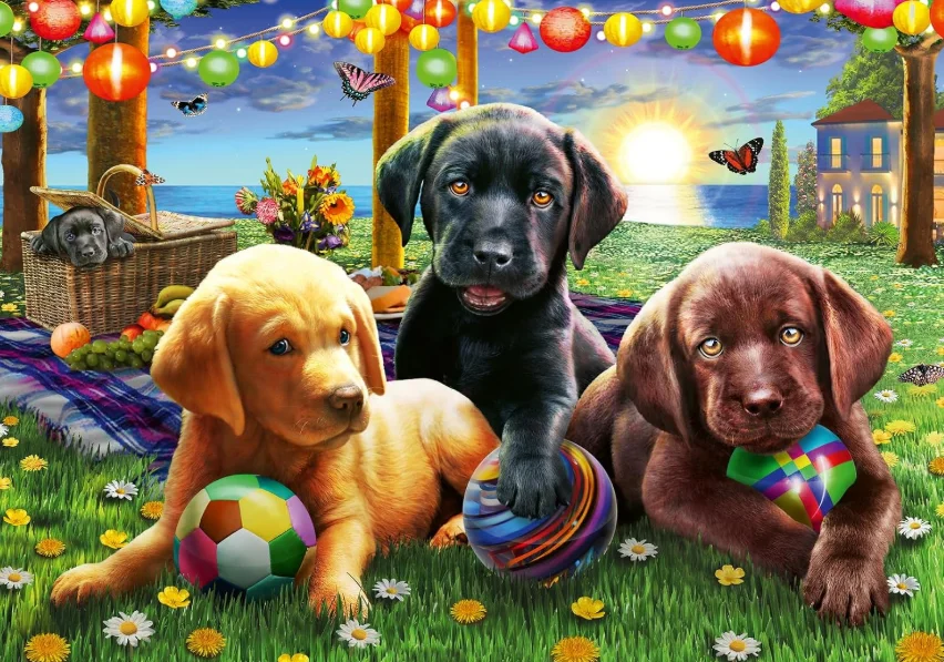 Happy Puppy Gathering Jigsaw Puzzle 500/1000/1200/2000PCS Labrador Puppies Seaside Picnic Butterfly Sunset Landscape DIY Gift