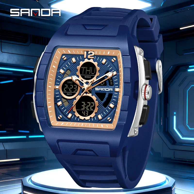SANDA New Men Quartz Watch Dual Display Outdoor Military Sport LED Luminous 5Bar Waterproof Clock Countdown Alarm Digital Watch