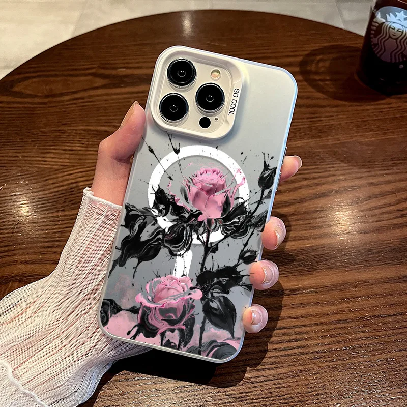 

Magnetic Case For iPhone 17 Pro Max 16 Plus 15 Pro Splash Ink Rose Pattern Shockproof Protective Cover