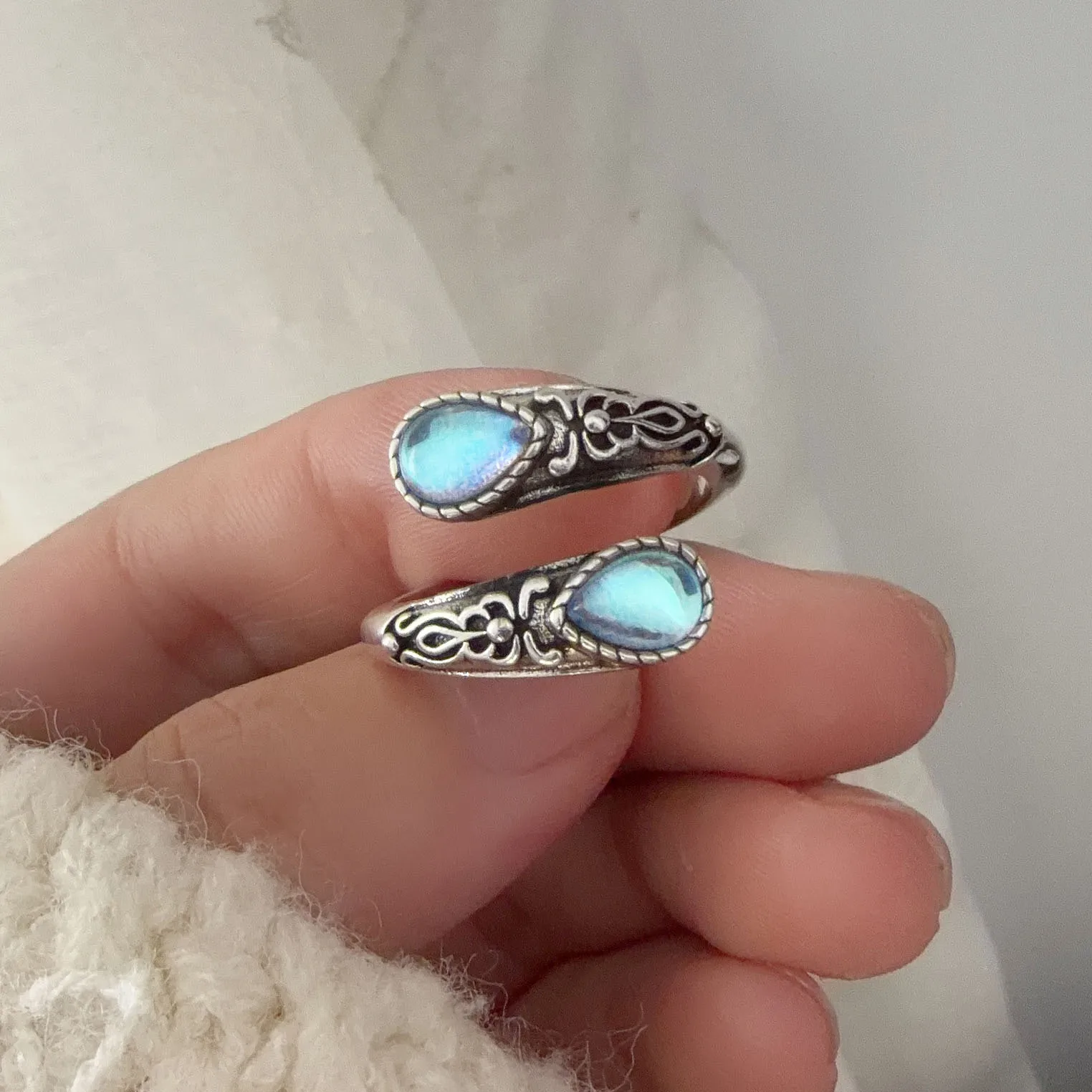 925 Sterling Silver Rings For Women Geometric Fine Jewelry Finger Adjustable Vintage BLue Stone Ring For Party Birthday Gift image 6