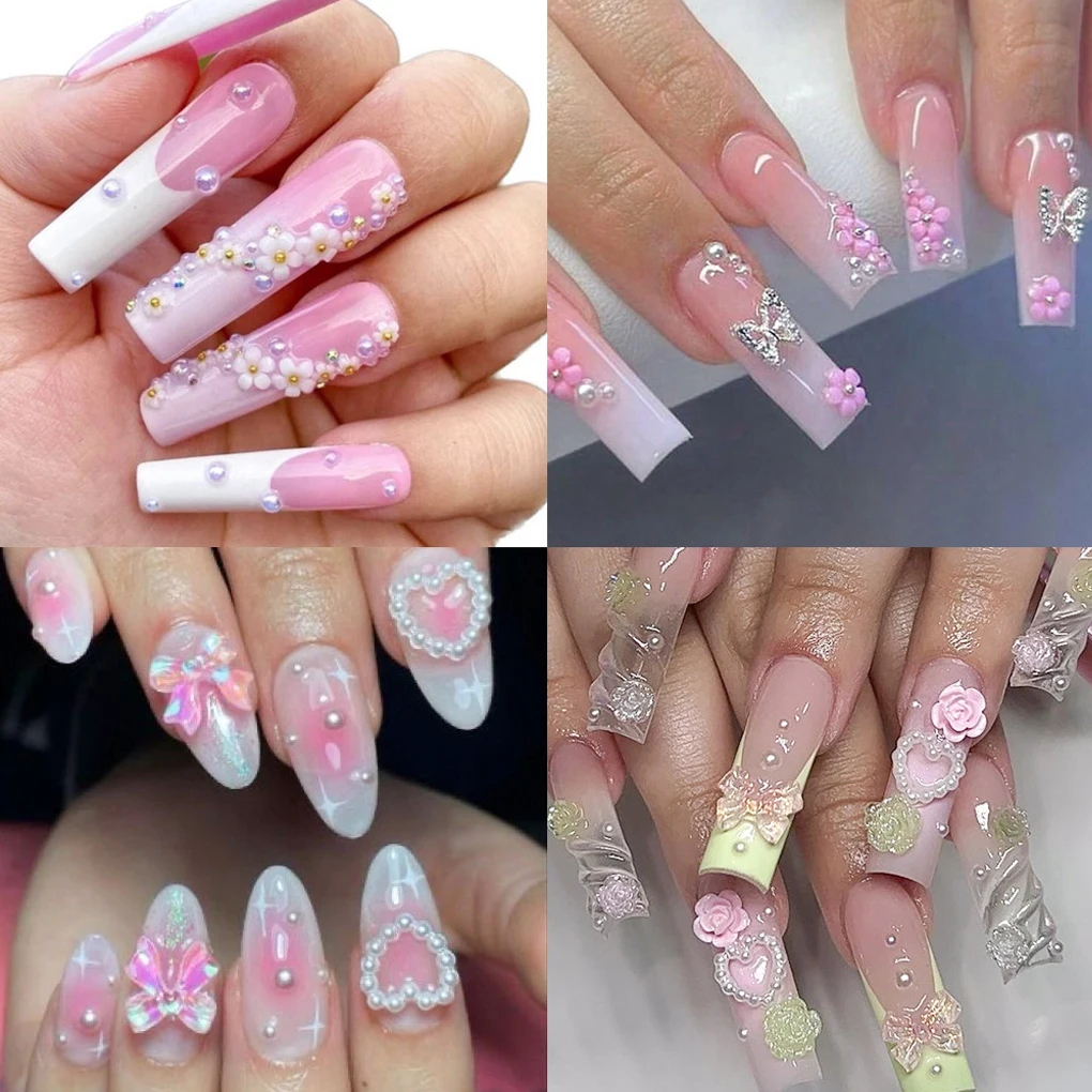 2025 Nieuwe Gemengde Boog Lint Nail Art Hars Bedels Vijf-bloemblaadje Bloem Uitgeholde Parel Set Sieraden DIY Nail Art accessoires