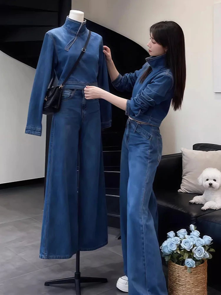

Fall Winter 2025 Popular Denim Set with Stand Collar Top And Wide Leg Pants Casual Loose Fit High Waist Warm Fashionable