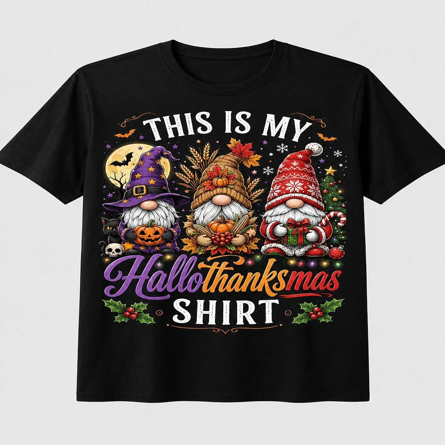 Hallothanksmas Gnomes T-Shirt - 4-Season Holiday Crew Neck Tee, Funny Casual Shirt for Family Matchi with Halloween, Thanksgiving, Christmas Mardi Gras-Like Gnome Design (No Mardi Gras Text) gift for men, everyday wear tee