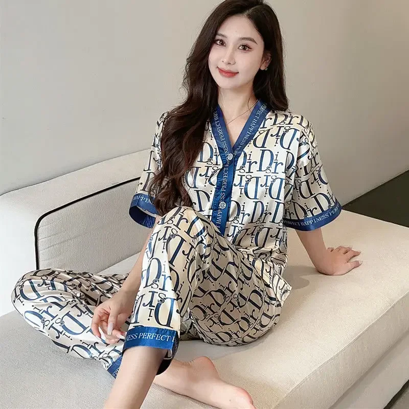 2025 New Pijamas Women Ice Silk Pajamas Women's Summer Short Sleeves and Trousers Sleepwear Fashion Plue Size