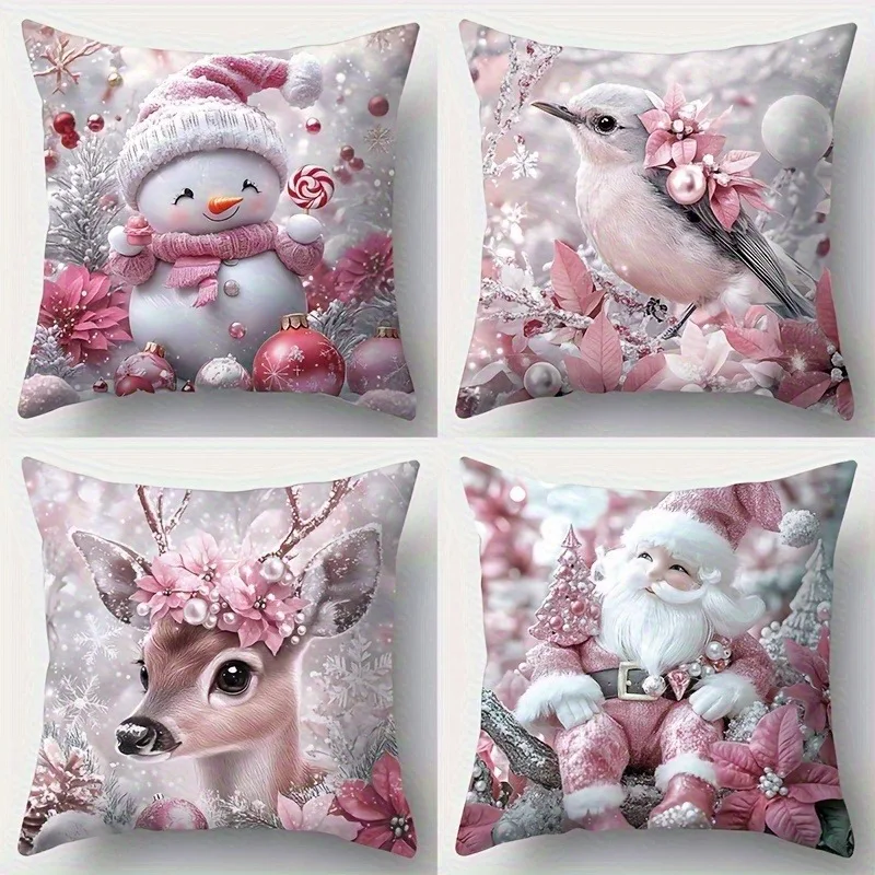 ¡Navidad linda rosa! Funda de almohada con patrón de muñeco de nieve y ciervo, pájaro y Papá Noel, decoración del hogar de Año