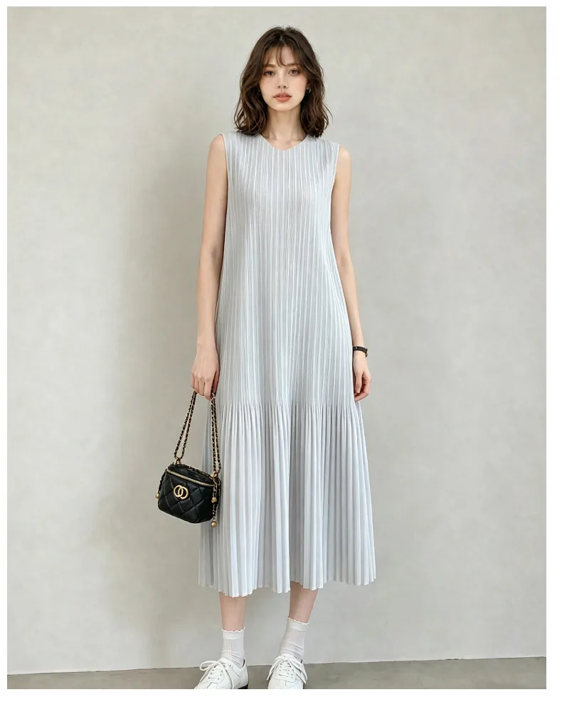 Miyake Plissee-Kleid Damen Ärmelloses Midi-Kleid Strukturiert Locker Sitzend Elegant Lässig Sommer Mode Minimalistischer Stil Schickes Fit – Detail 8