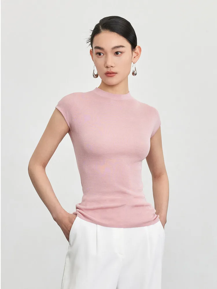 Summer Acetic Mulberry Silk Knitted T-shirt Women Flying Sleeve Cool Feeling Sleeveless Bottom Top