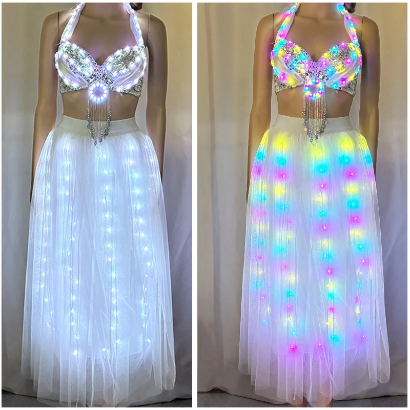 

Юбка со светодиодной подсветкой и пультом дистанционного управления, бюстгальтер, костюмы с цветной подсветкой, женская юбка с разрезом для танца живота, сексуальная вечерние танцевальная одежда для танца живота