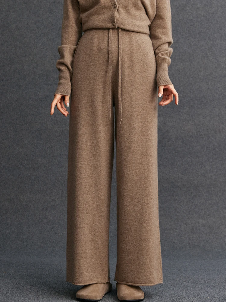 Thin Version Office Women's Pants 100% Cashmere Straight Pants Autumn Winter Pants Lounge Trousers Warm Curled Hem Pants Knitted