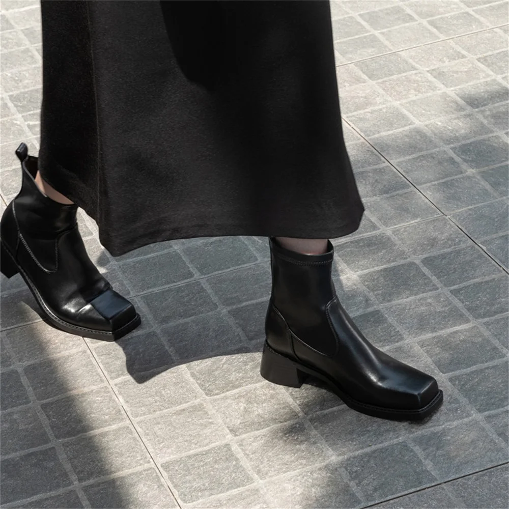 Taoffen Fashion Square Toe Women Ankle Boots Slip On Block Heel Short Boots Female Solid Color Office Dress Boots 2024 New Trend