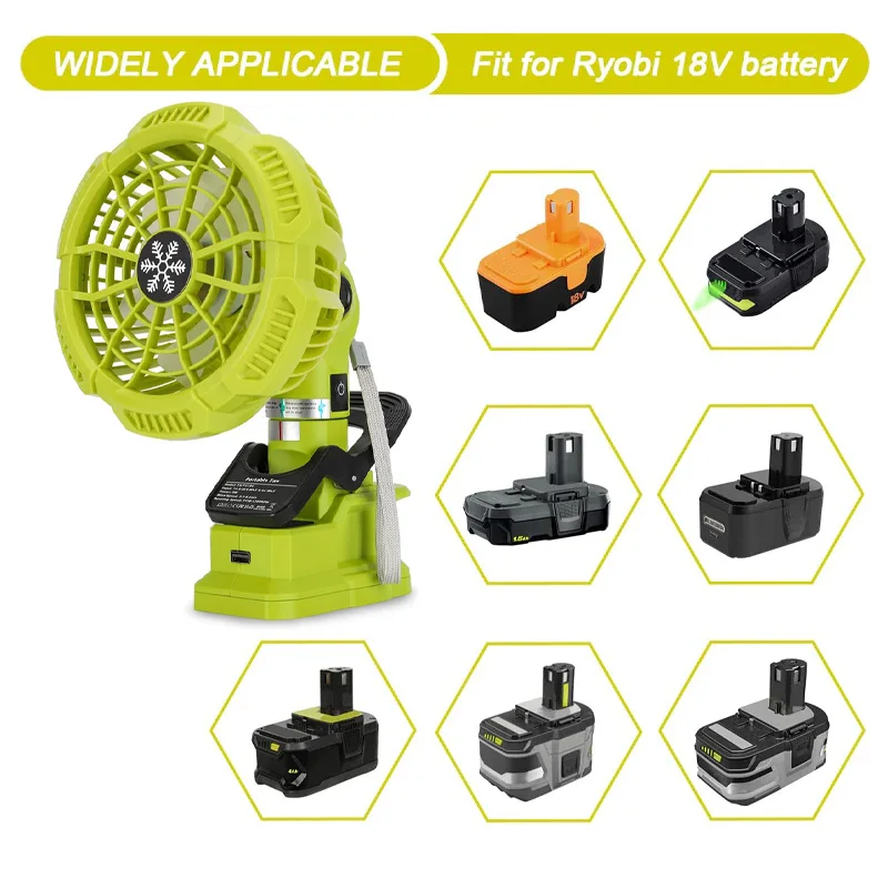 Bezprzewodowy 18V klips na wentylatorze do baterii litowo-jonowej Ryobi 18V, energooszczędny 3-biegowy przenośny wentylator kempingowy z USB